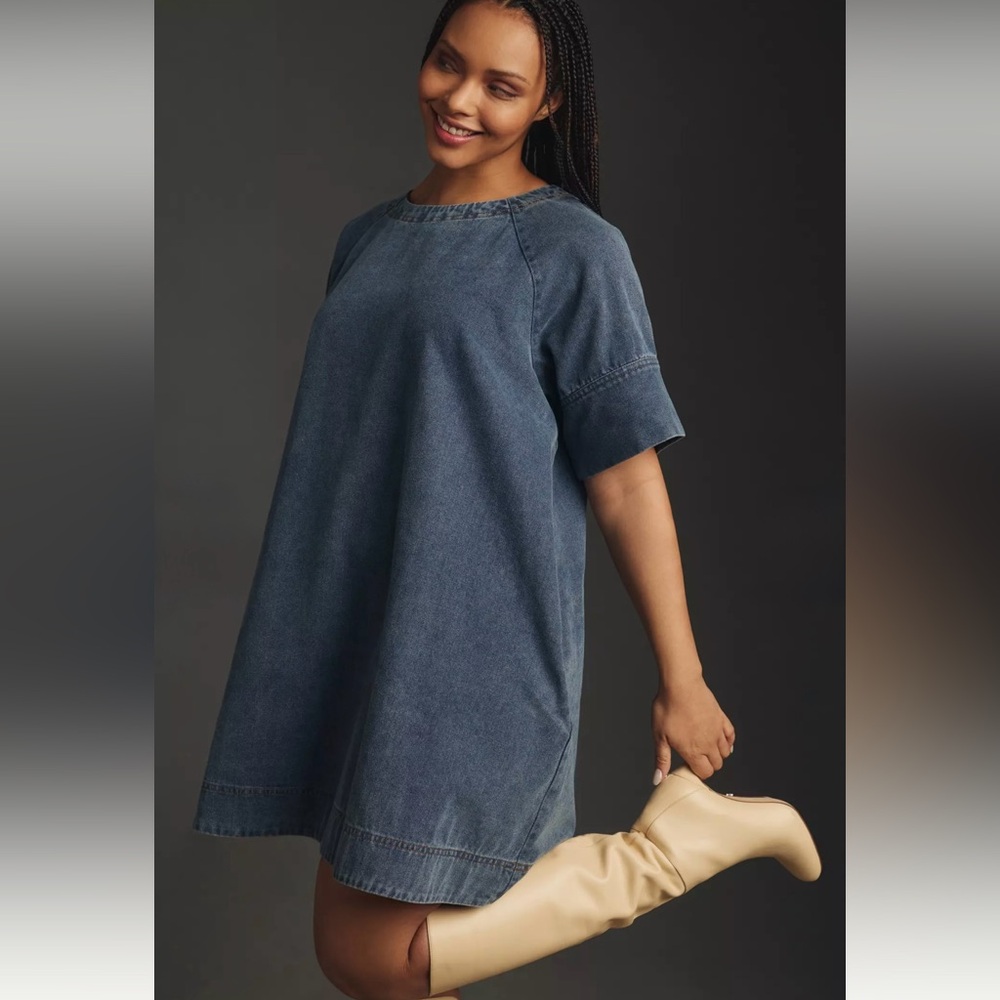 Anthropologie Porridge Short-Sleeve Denim Swing Mini Dress - Picture 4 of 13